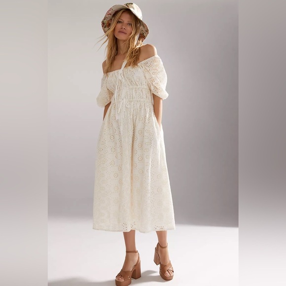 En Saison x Anthropologie Off-Shoulder Cream Midi Eyelet Dress Puff Sleeve - Picture 1 of 14